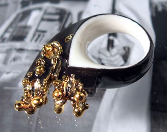 Porcelain ring "Terminator2", Black ring, Ceramic, Contemporary jewelry,  Modern style, Unique design, Abstract Unusual ring, Gilded