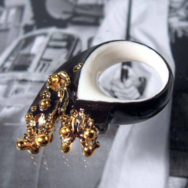 Porcelain ring "Terminator2", Black ring, Ceramic, Contemporary jewelry,  Modern style, Unique design, Abstract Unusual ring, Gilded