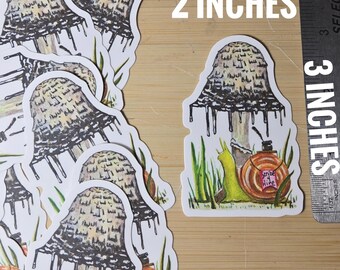 Snail Scribe Shaggy Mane Mushroom Illustration Vinyl Sticker 2x3 inch