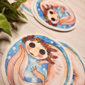 Axolotl mit Blumenkrone 3x3 Vinyl Sticker