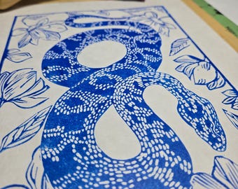 Serpent 8x10 linocut print on Yasutomo Sketch Paper