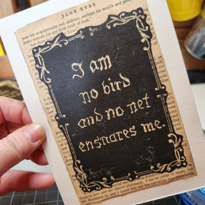 Jane Eyre linocut on vintage book page 5x7 Jane Eyre Charlotte Bronte