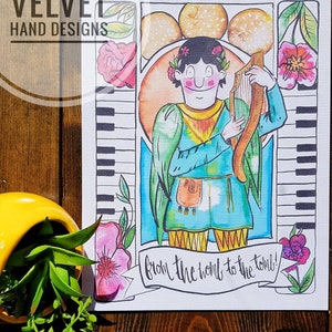 May include: A colorful illustration of a person playing a harp with the text "from the world to the tomb!"  The illustration is surrounded by flowers and musical notes.