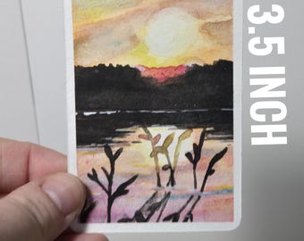 ACEO Sunset Pond Reeds Watercolour Painting 2.5x3.5 inch