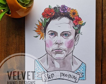 May include: A watercolor illustration of a person with a crown of flowers on their head. The person is wearing a blue and white patterned shirt. The text "Stop... pooping." is written on a banner below the person.