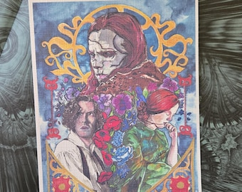 Frankenstein 2025 art print featuring Victor, Elizabeth and The Creature.