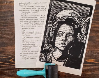 4.5x7 Clarice Linocut print on vintage book pages