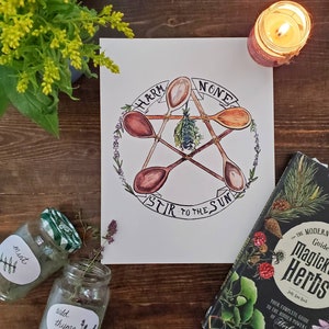 May include: A watercolor illustration of a pentagram with five wooden spoons forming the points. The spoons are tied together with twine and a bundle of herbs is hanging in the center. The pentagram is surrounded by a circle with the words "Harm None" and "Stir to the Sun" written on it.