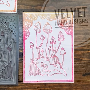 Mushroom Island 5x7 Neon Pink Ombre linoblock print