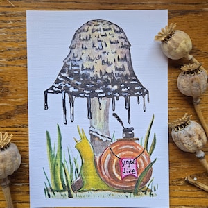 May include: A whimsical watercolor illustration featuring a large mushroom with a textured cap and dripping details. A snail, a perfume bottle with the text "Scribe 4 Hire", and tall green grass are also depicted.