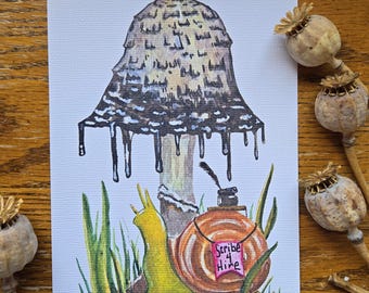 Snail Scribe Inky Mushroom watercolor print