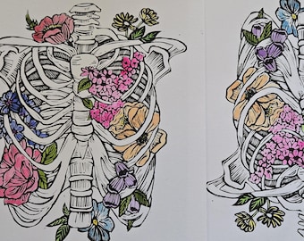 Bloom 8.5x11 Linocut Print with hand painted accents