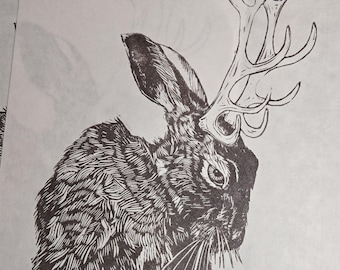 Jackalope 8x10 relief print (2 colors available)