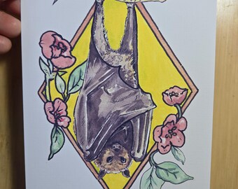 Floral Bat print Watercolour and Gouache