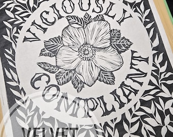 Viciously Compliant linocut relief print 8.5x11 on rice paper