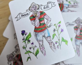Dream Date Freddy Krueger Sticker: Original Watercolor Illustration (2x3 inches)