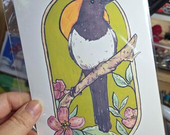 Floral Magpie print Watercolour and Gouache