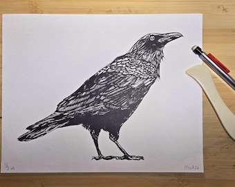 The Raven 8x10 linocut print (2 paper options)
