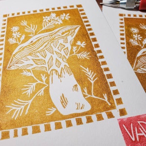 Golden Lattice Mushroom Linocut 5.5x8.5 inch