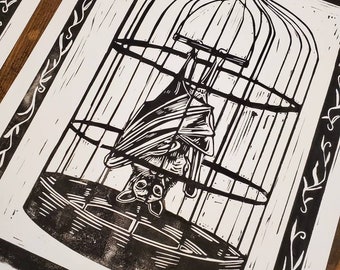 Bat in a Cage 8.5x11 linocut print