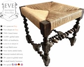 Antique French Wooden Brown Wood Woven Raffia Stool Small Chair Seating Design Refurbished Wicker Wickerwork c1900 39 s EVE de France