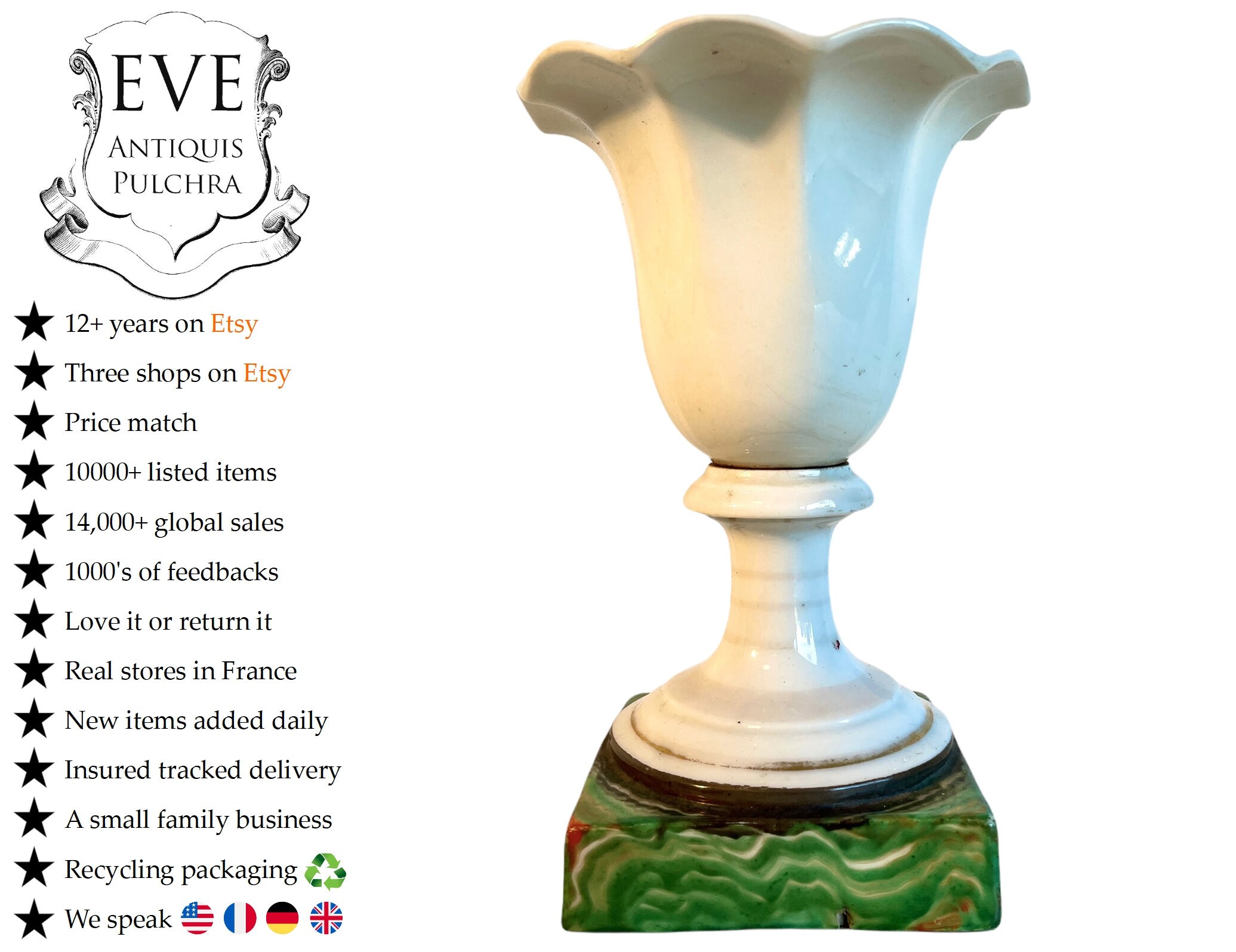 Antique Français Porcelaine Blanc Vert Céramique Pot Vase Trophée Floral Gobelet Conteneur Stockage 