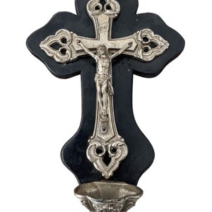 Antique French Silver Metal Wood Crucifix Blessing Font Jesus Catholic Church Chapel Cross Religious Symbol Chippy Scarred c1900&#39;s / EVE
