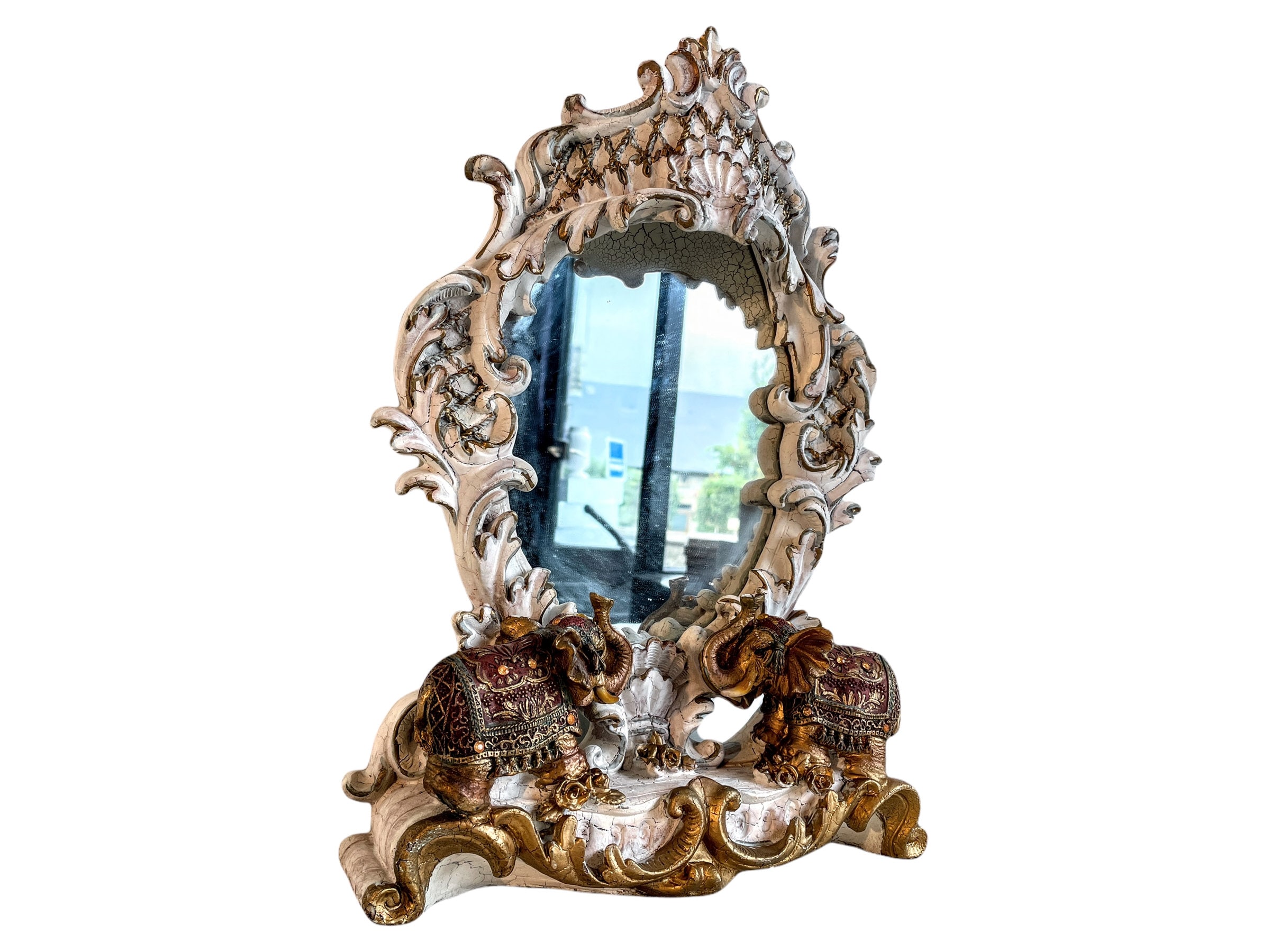 Vintage Français Petit Éléphant De Style Rococo Orné Résine Dorée Suspendue Au Mur Ou Miroir Sur Pied Décoratif En Verre Vestiaire C1980-90's/Eve