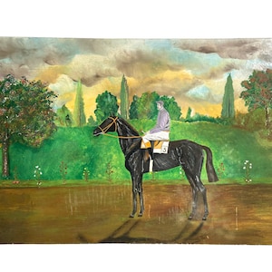 Vintage French Horse Racing Rider Painting Acrylic Skyline Bushes Trees Race Track Scenic Countryside On Wood Board c1970&#39;s / EVE