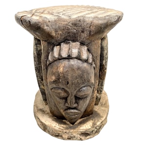 Vintage African Hand Carved Wooden Brown Wood Small Stool Chair Stand Display Foot Rest Plinth Seating c1970-80&#39;s / EVE