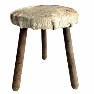 Vintage French Stool Wooden Brown Natural Wood Cushioned Cow Skin Leather Chair Stand Rest Seating Prop Tabouret circa 1950-1960&#39;s / EVE