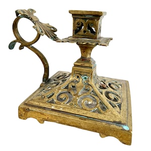 Antique French Brass Lattice Handled Portable Candle Candlestick Lighting Decor Carrying Carry Display c1900&#39;s / EVE