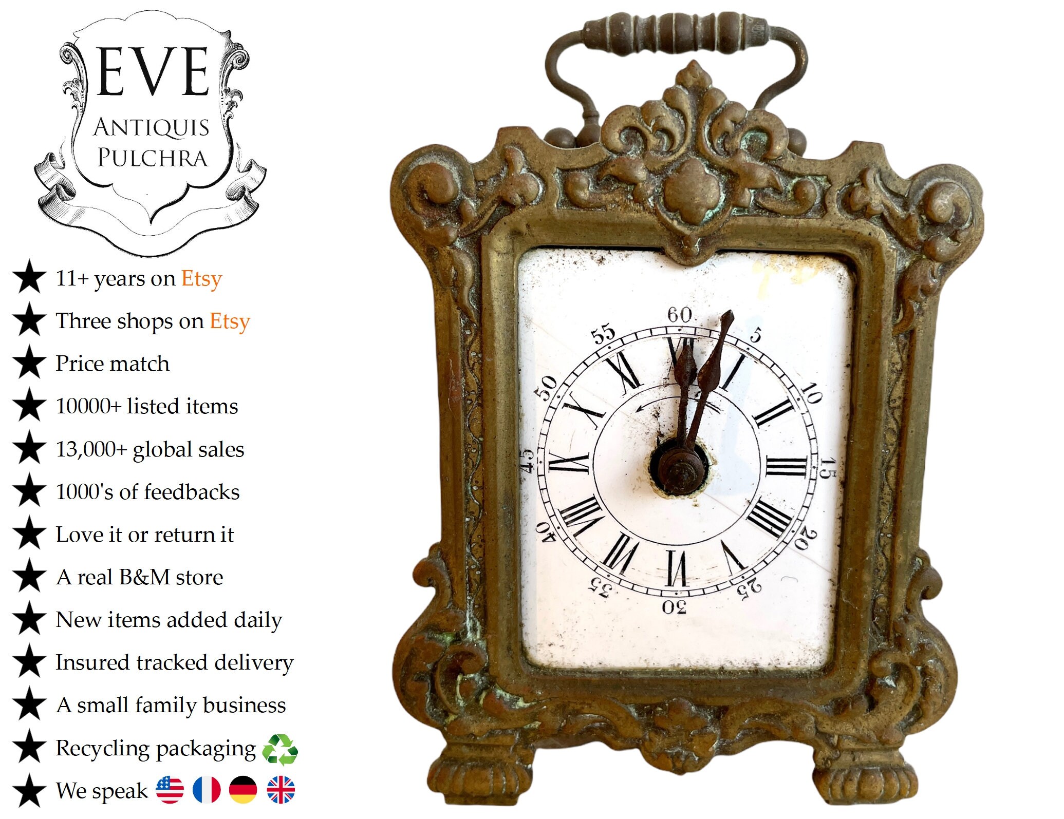 Antique Français Portable Carriage Clock Laiton Métal Enroulement Clé Poignée Porter Ternir Patine V