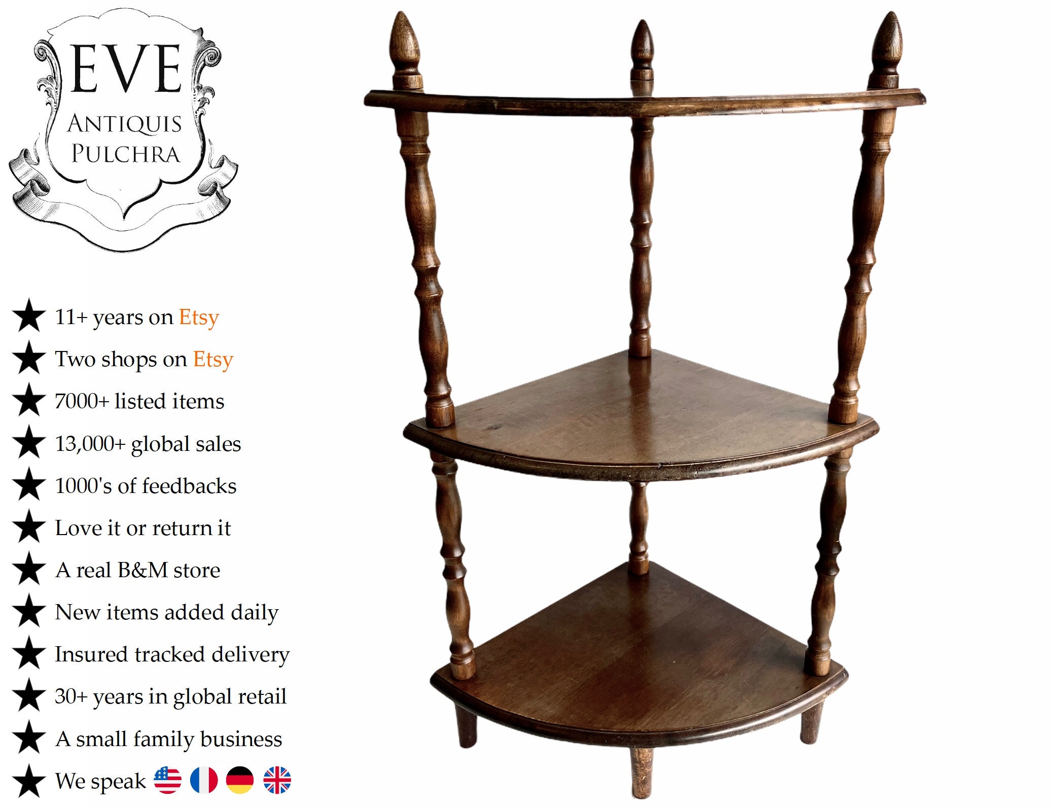 Vintage Français Wood Wooden Dark Brown Natural Corner Shelf Shelving Wall Stand Display Plinth Prop