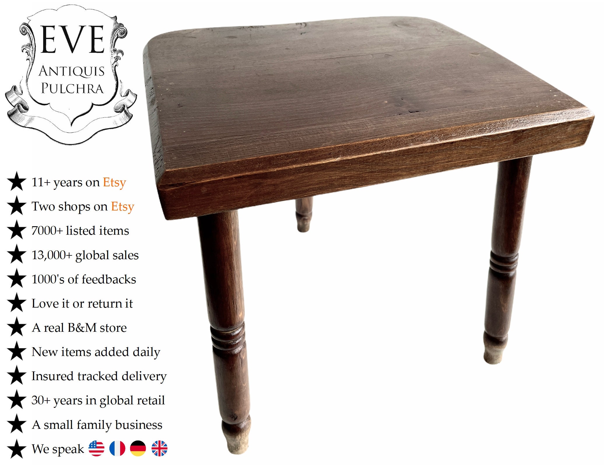 Vintage Français Square D Tabouret Traite Traditionnelle en Bois Marron Bois Petit Support de Chaise