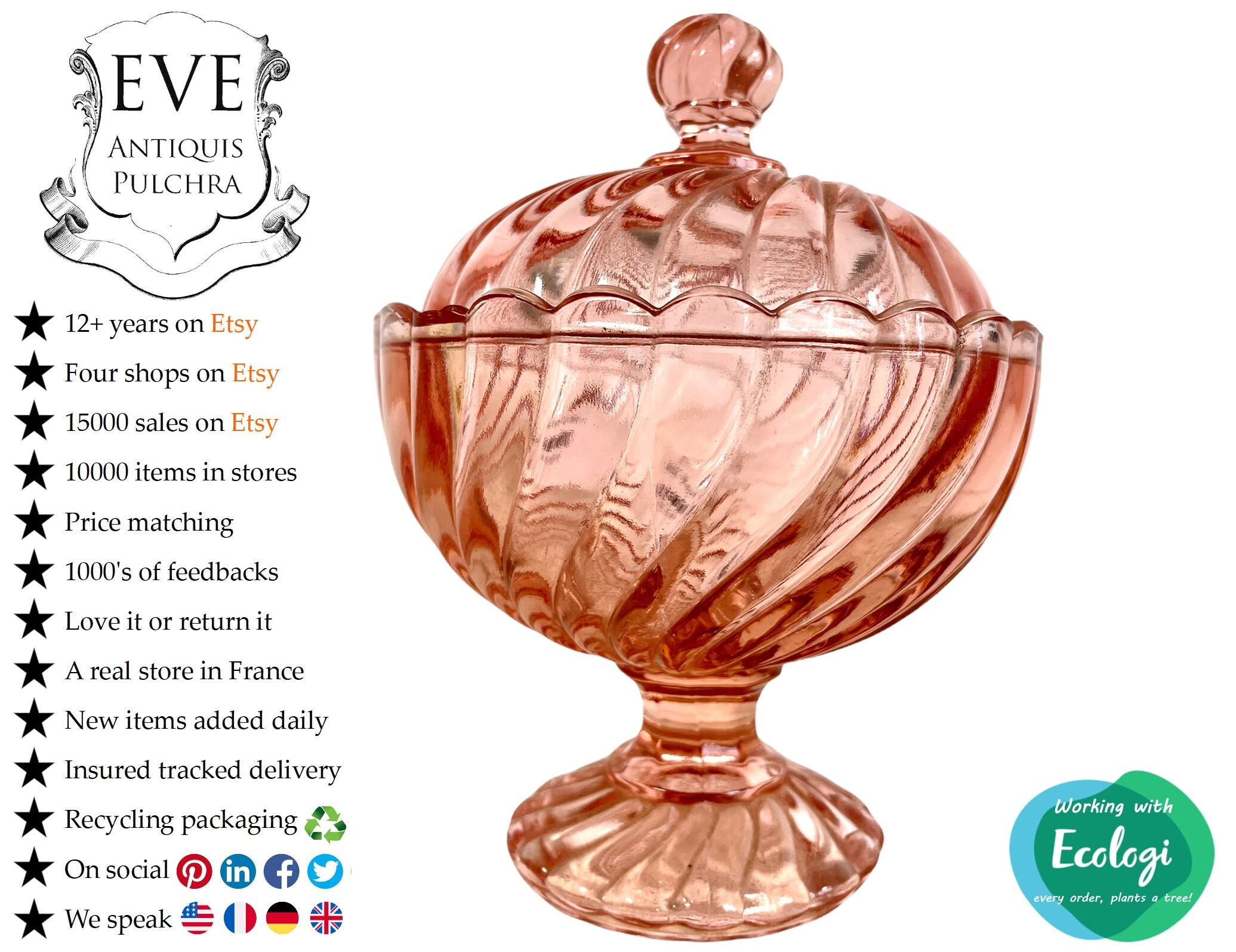 Vintage Français Red Pink Clear Glass Pot Jar Vase Bon Candy Storage Display Prop Circa 1950-60's/Ev