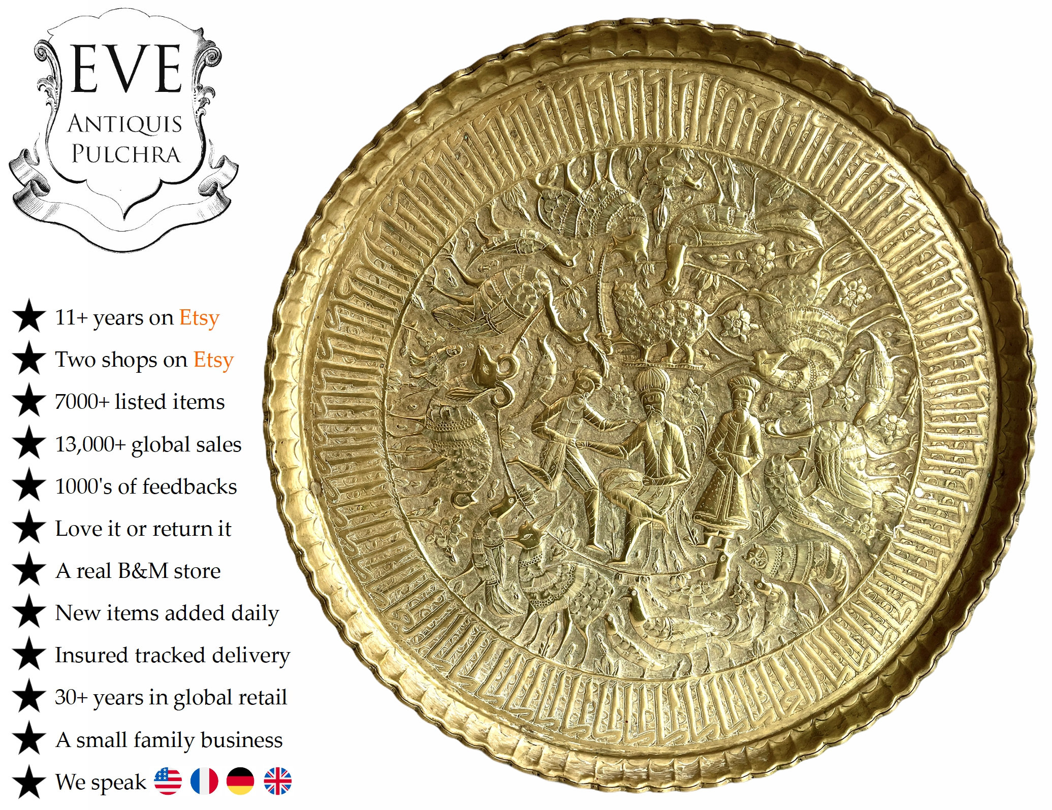 Vintage Turc Paon Arabe Style Extra Large Circular Laiton Finely Détaillé Plateau de Service Plateau