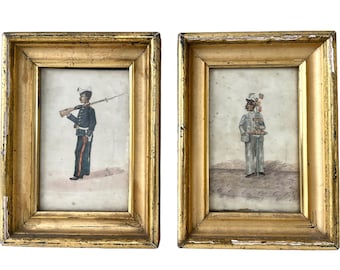 Antique French Framed Painting Of Carabiner Infantry Flower Sales Man Crockis Sketch Coloured Drawing Wall Decor Collector c1893 / EVE