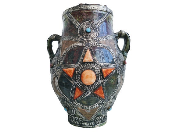 Vintage Marocain Arabe Grand Décoration Décoré Vase d'argile Stockage Ornement Décor Design Terre Cu