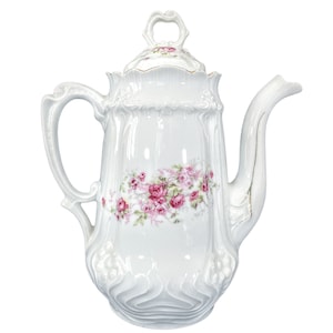 Vintage French Tea Pot Porcelain Ceramic White Gold Green Red Flowers Branch Handled Teapot Container Storage Prop c1960&#39;s / EVE