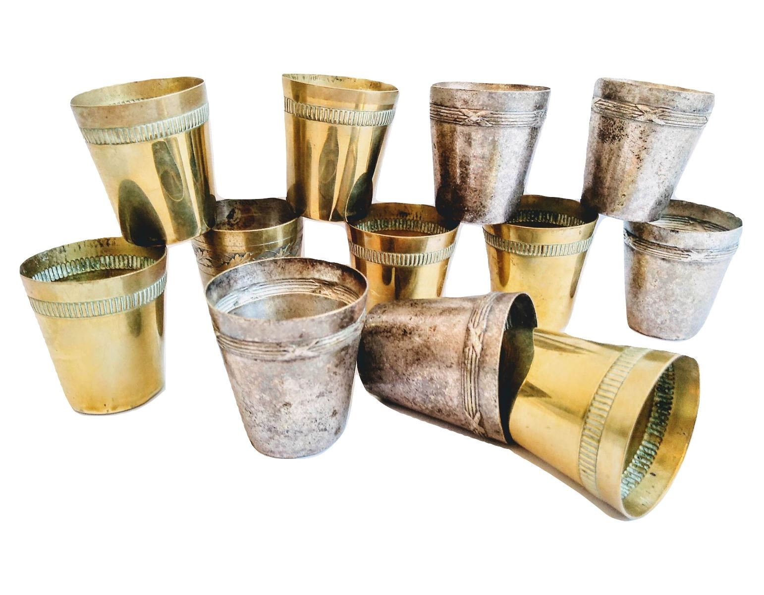 Vintage Français Traditional Brass Silver Coloured Metal Bar Shot Cups Beakers Mugs Glasses Little S