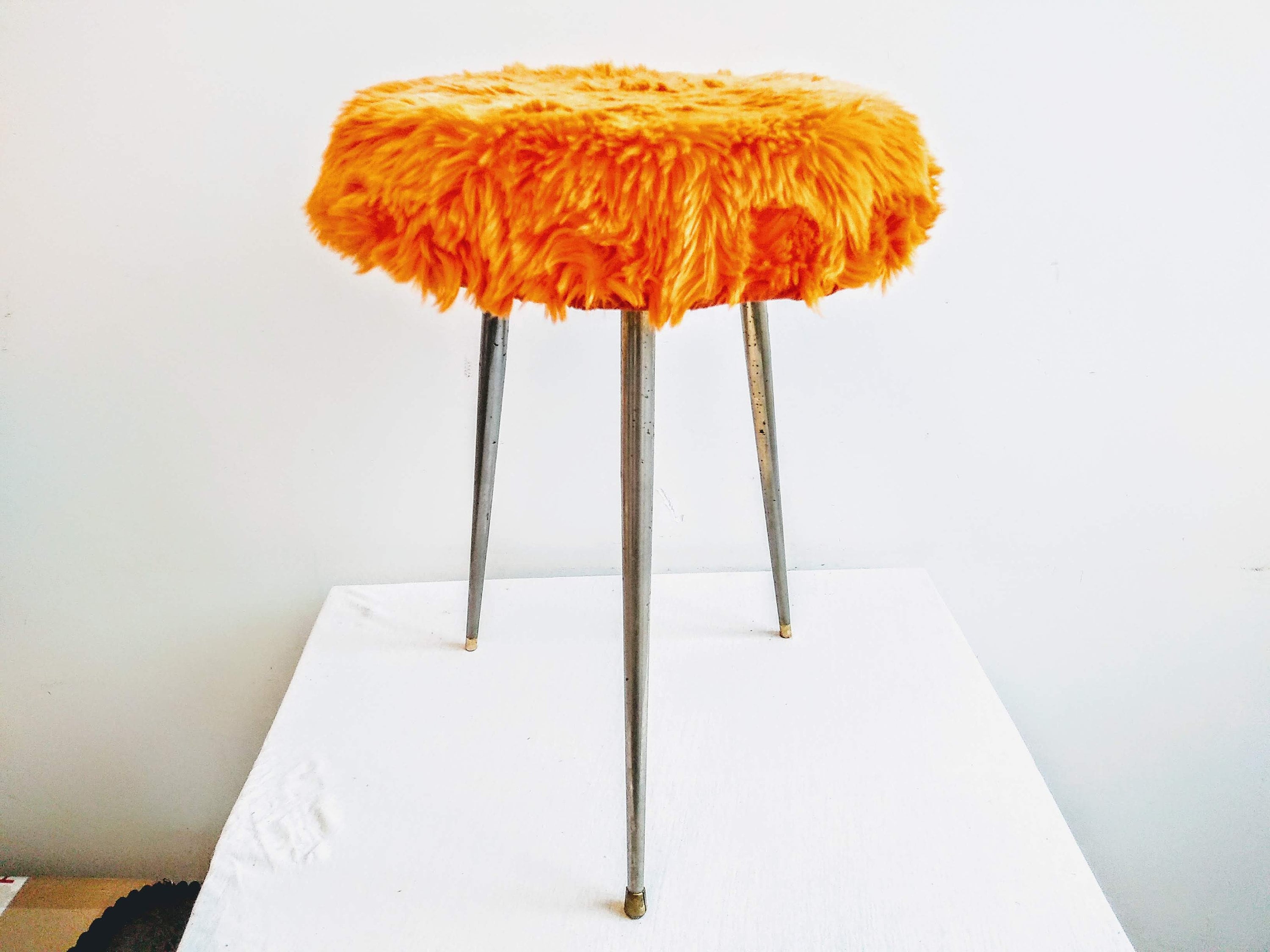 Vintage French Stool Silver Metal Padded Cushioned Fluffy