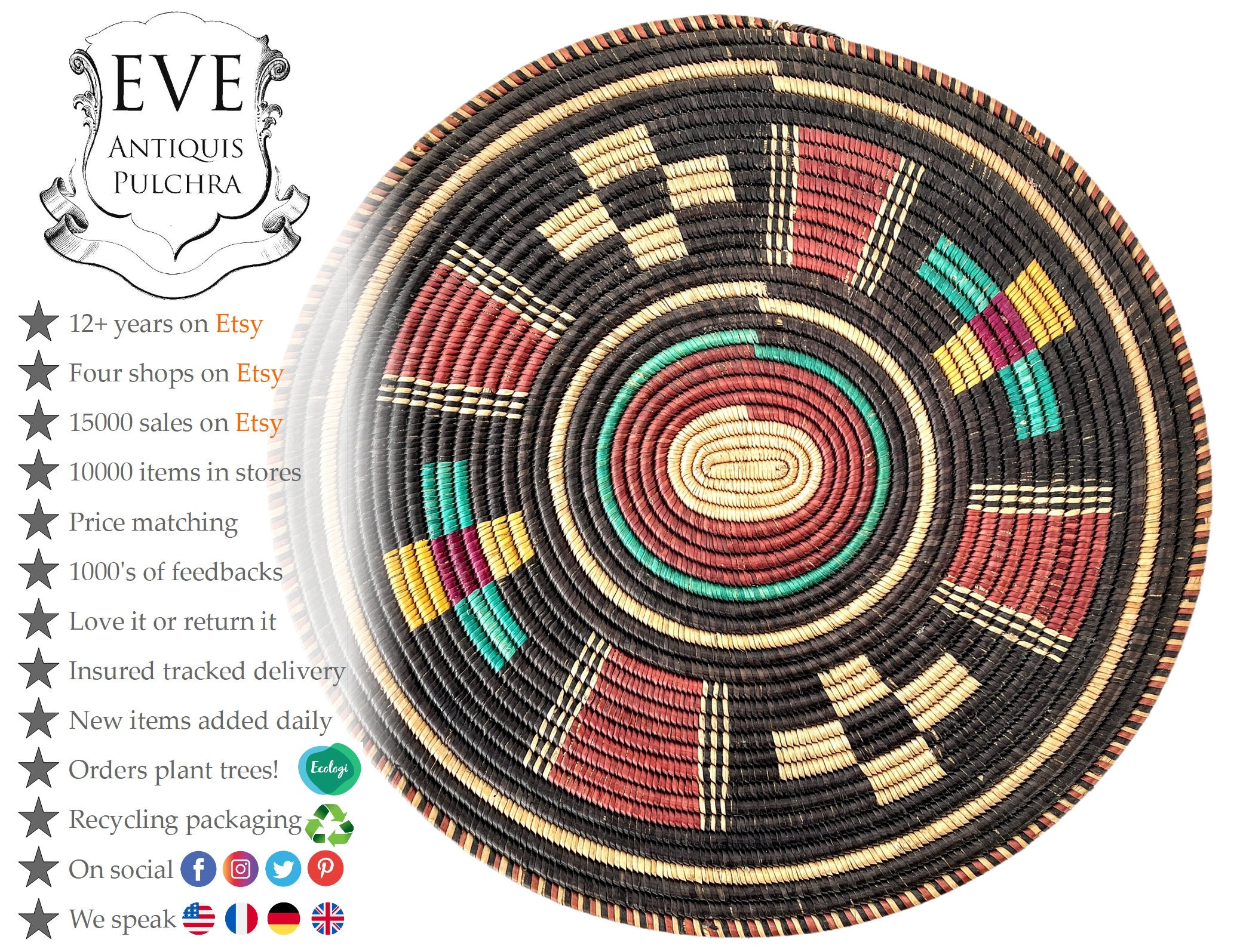 Vintage African Woven Circular Raffia Placemat Place Mat Plate Tray ...