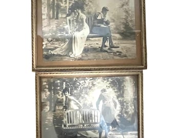 Antique French Photo Lovers Courting Framed Wall Hanging Wood Glass Fronted Original French Wedding Photo Decorative c1910-20's / EVE