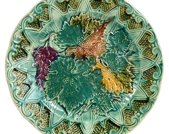 Assiette à vaisselle vintage peinte à la main, décorée de feuilles, vert aqua, bleu vert, assiette à suspendre murale c1940-50 / EVE