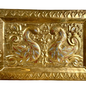 Vintage Indian Repousee With Swans Brass Metal Rectangular Plaque Decorative Wall Display circa 1980&#39;s / EVE