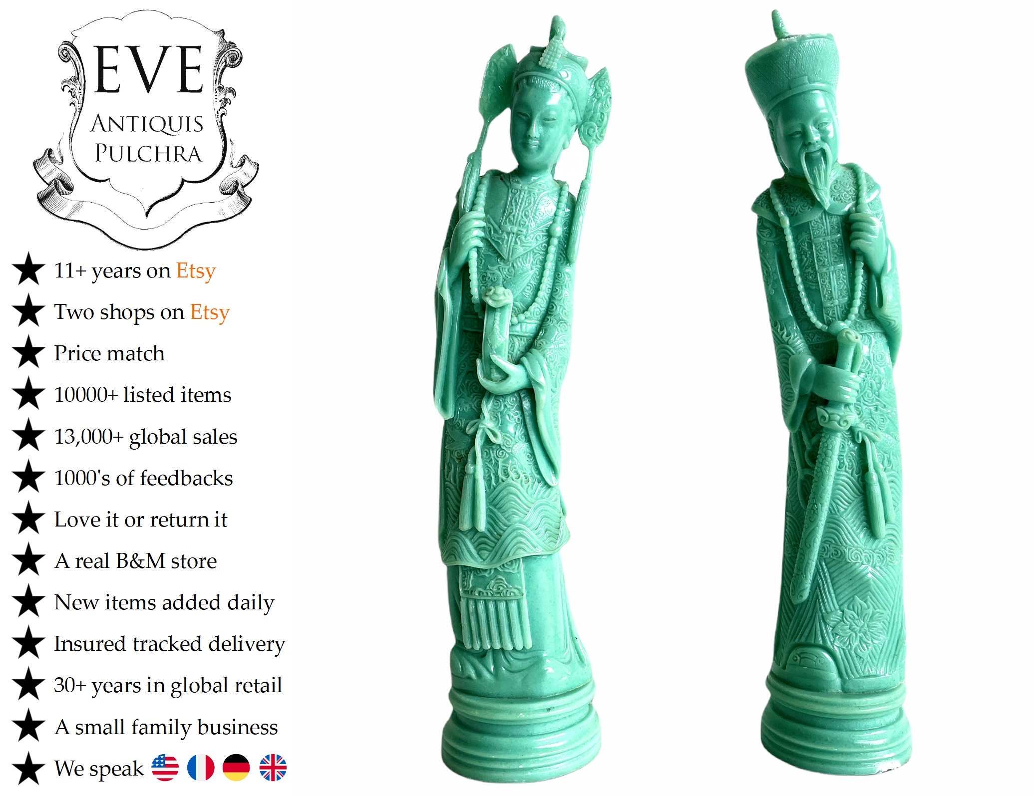 Vintage Chinois Jade Coloré Résine Figurines Lady Man Traditionnel Paire Ornements Home Decor Circa 