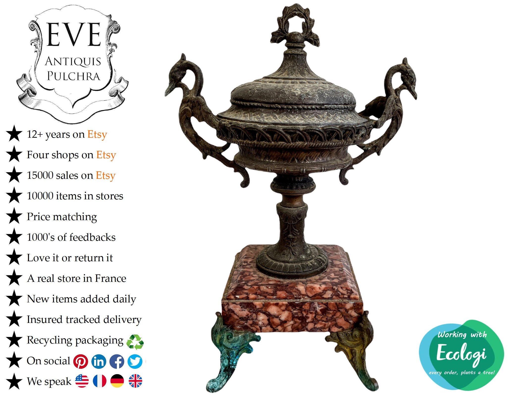 Antique Français Bird Head Bronze Spelter Salmon Marble Stone Plinth Display Stand Dish Ornate Bowl