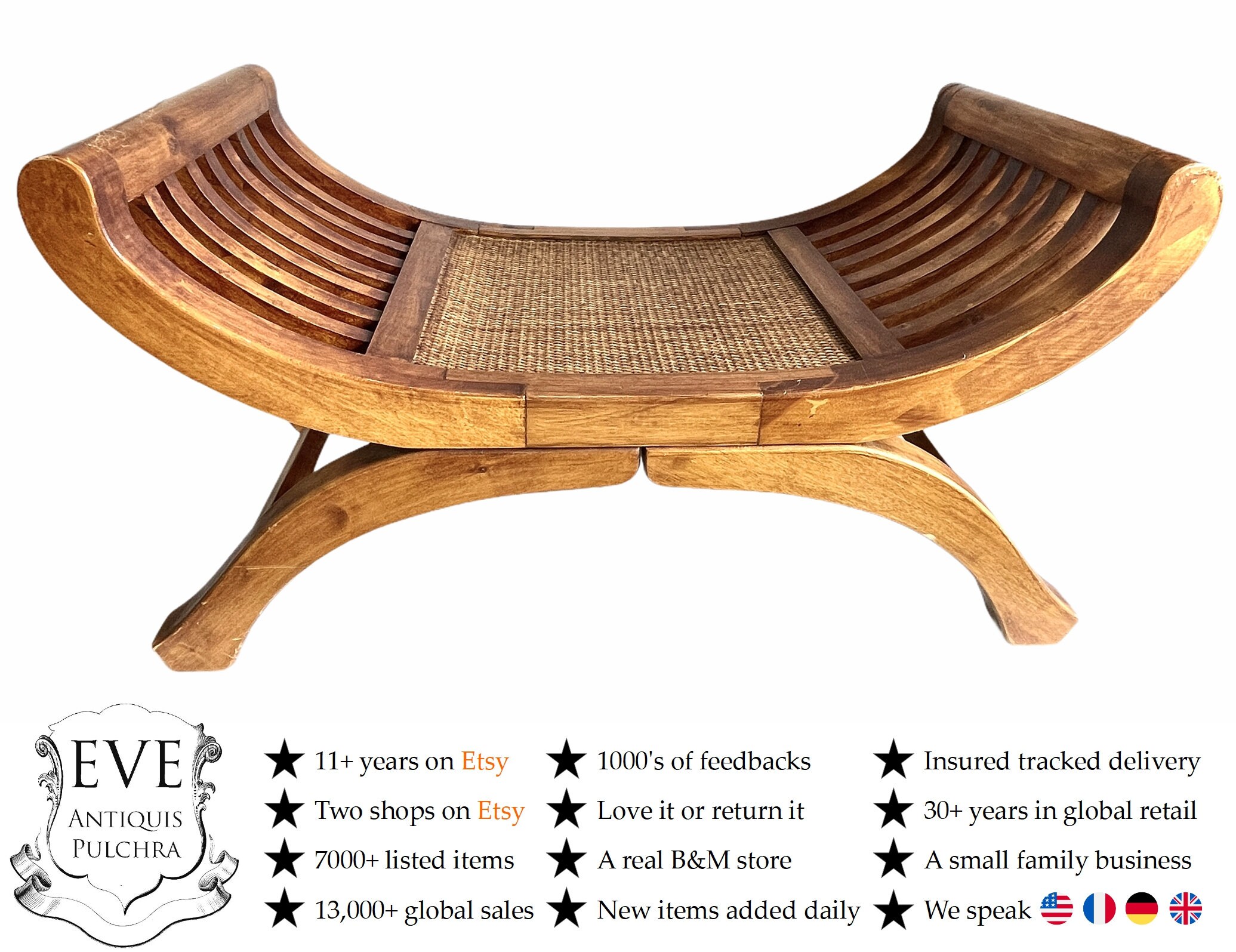 Vintage Français Style Romain Manipulé Rotin Siège Tabouret Bois Marron Naturel Petit Socle Bas Repo