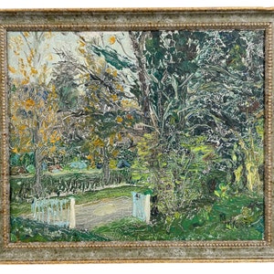 Vintage French Garden GateTrees Tree Woodland Oil Painting On Woodchip Board Signed circa 1978 / EVE